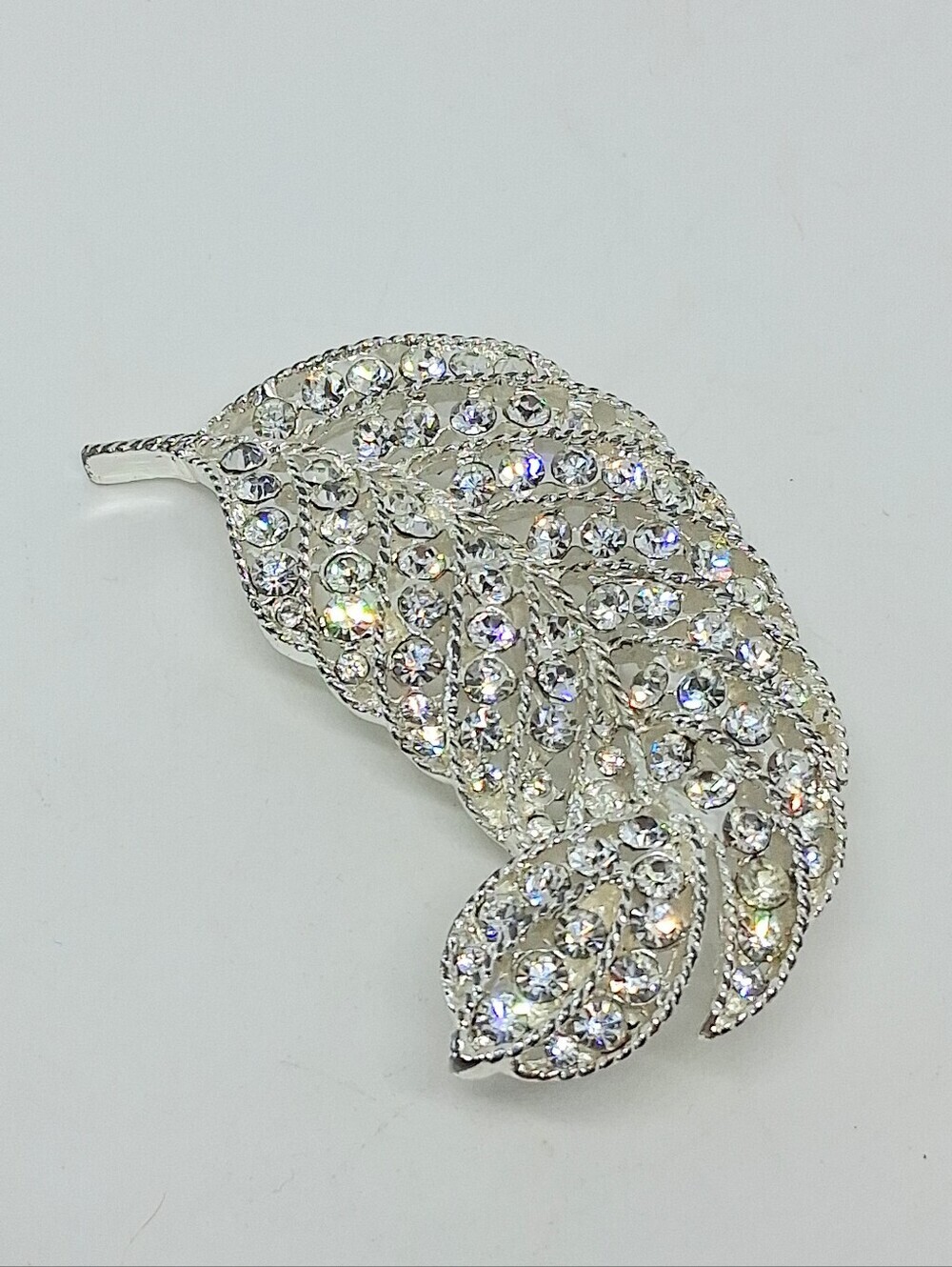 * Vintage Signed Napier Silver Tone Clear Rhinestones Leaf Pin Brooch